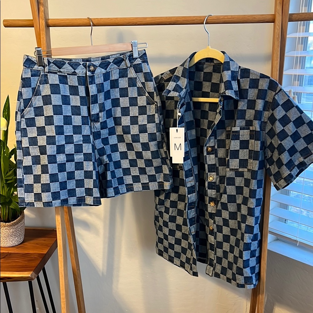 Blue Checkerboard Jean Shorts/Shirt Set